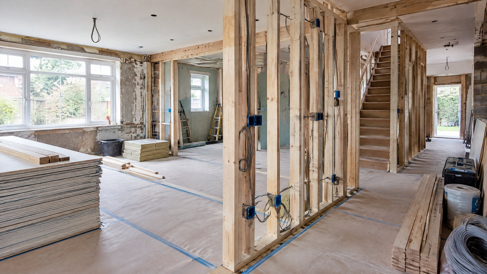 Mid-stage residential refurbishment with new timber stud partitions, protected floors, first-fix electrical boxes and organised building materials
