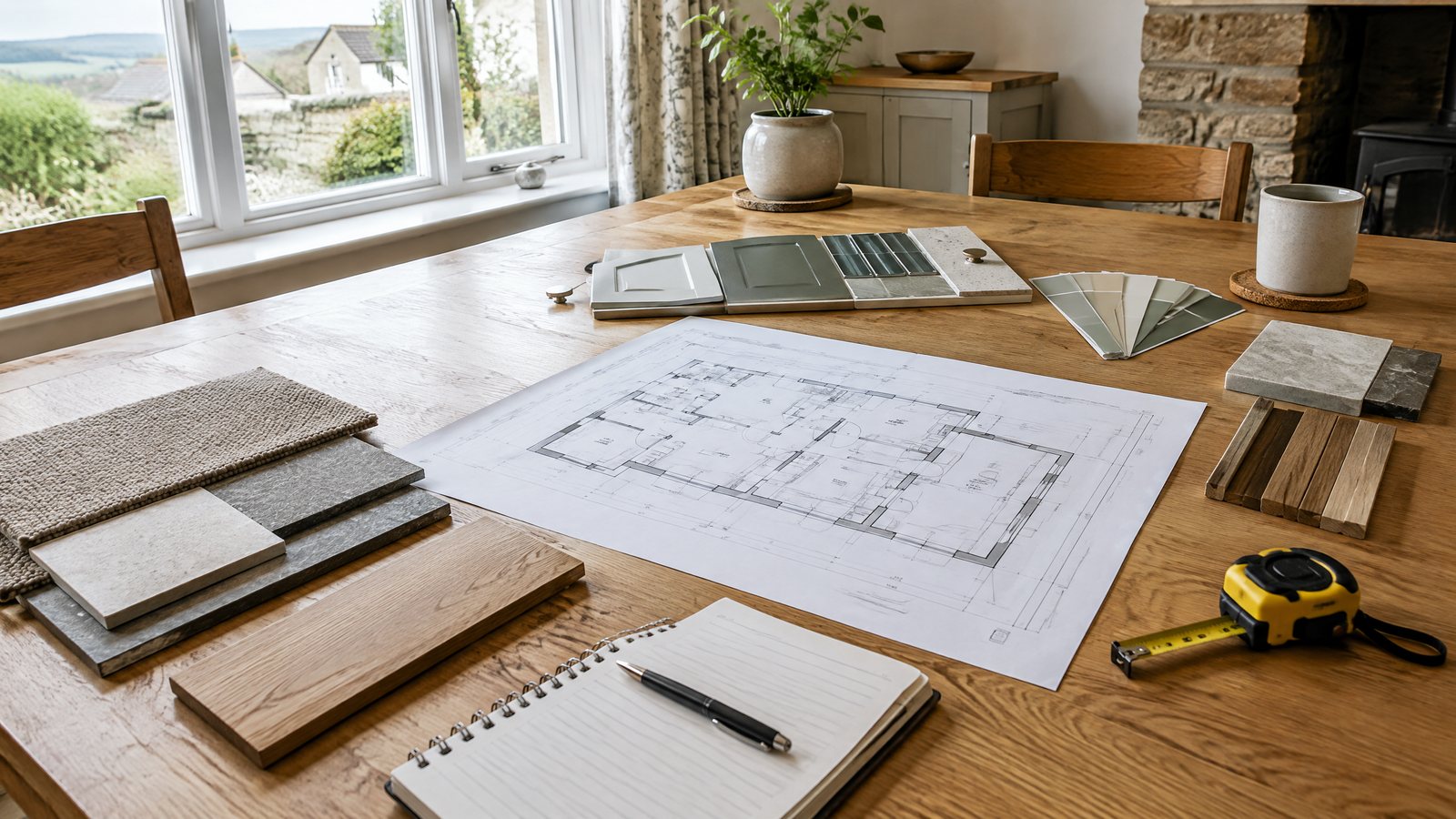 Refurbishment planning materials, floor-plan sketch, timber samples, tile samples and a tape measure arranged on a home table