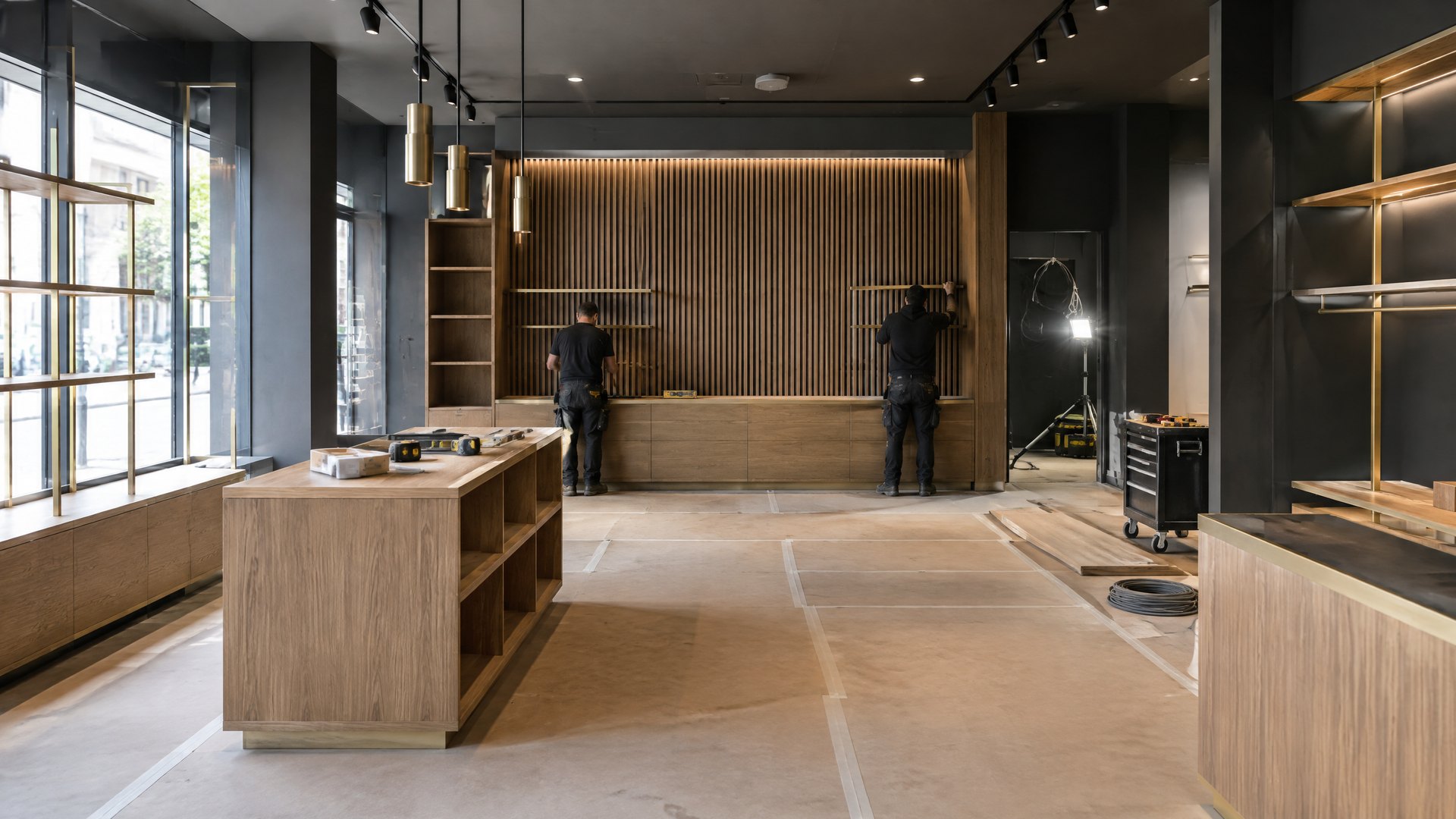Illustrative UK retail fit-out in progress with tradespeople installing timber display joinery and a slatted feature wall