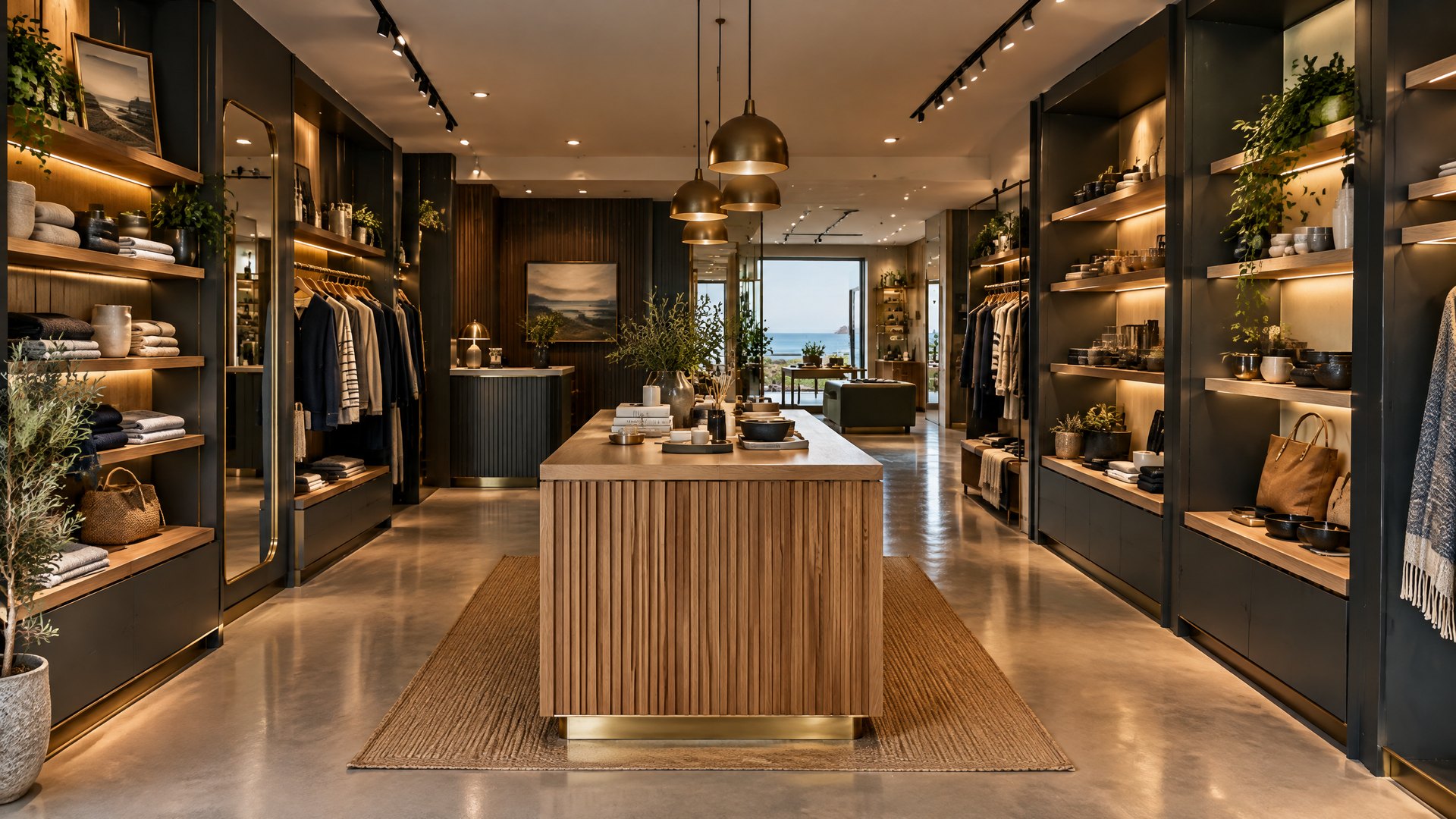 Illustrative finished contemporary boutique retail interior with warm LED shelving, bespoke counter and sea-facing shopfront