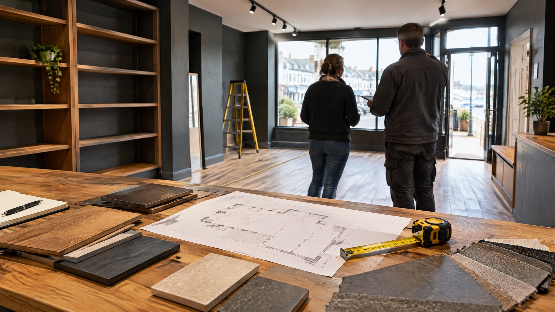 Illustrative shop-fit planning discussion in an unbranded UK retail unit, with material samples, floor-plan sketch and measuring tape on a counter