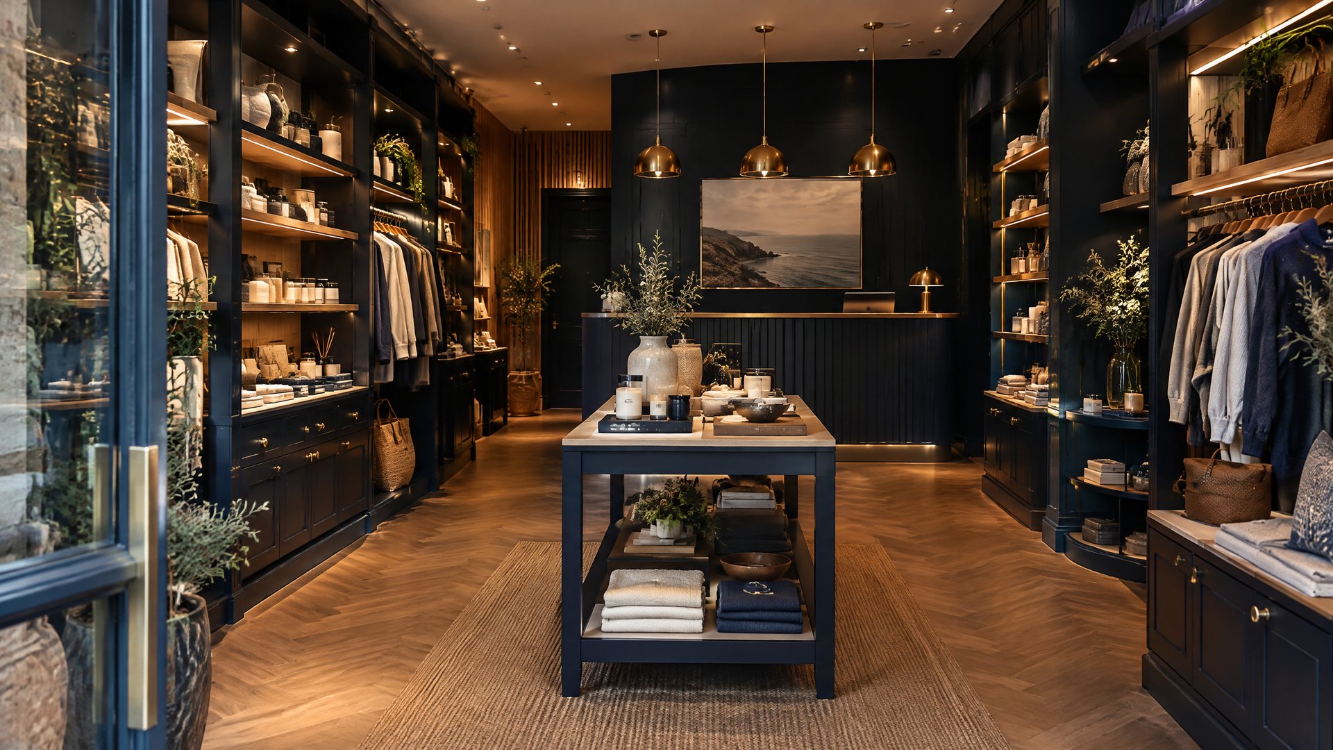 Illustrative finished premium UK boutique retail interior with deep navy cabinetry, warm LED shelving, customer-service counter and display island