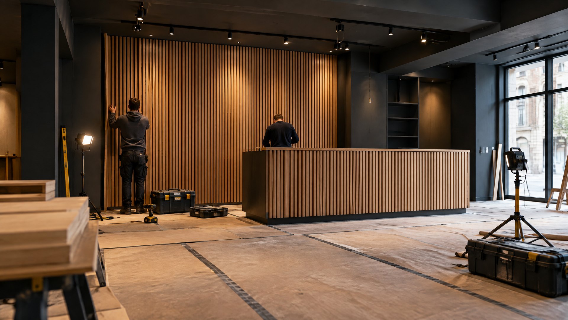 Illustrative retail fit-out in progress, with unidentifiable joiners installing a timber slatted feature wall and bespoke sales counter