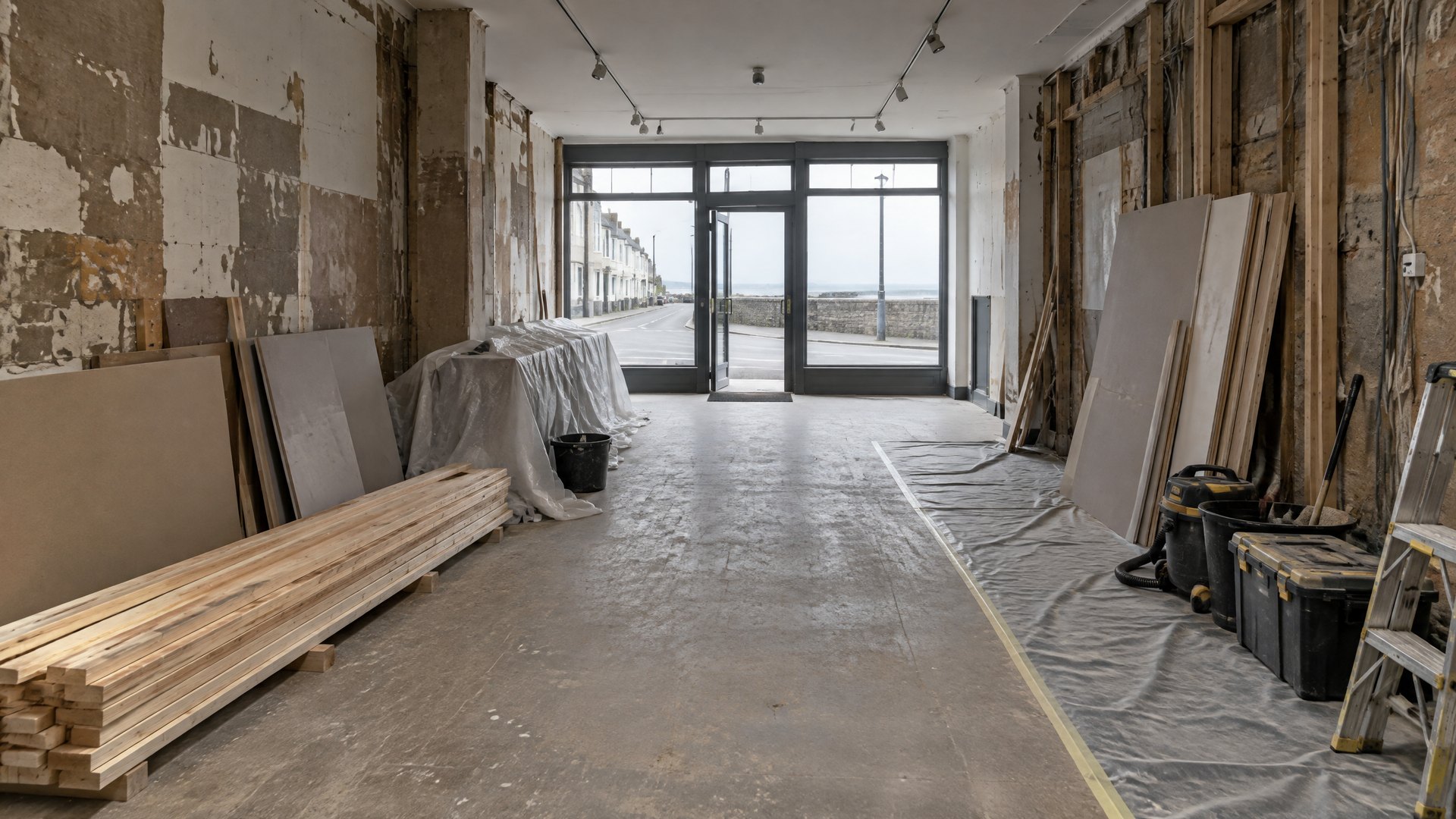Illustrative early strip-out stage in an unbranded UK retail unit, with exposed walls, protected access route, stacked timber and tidy tools