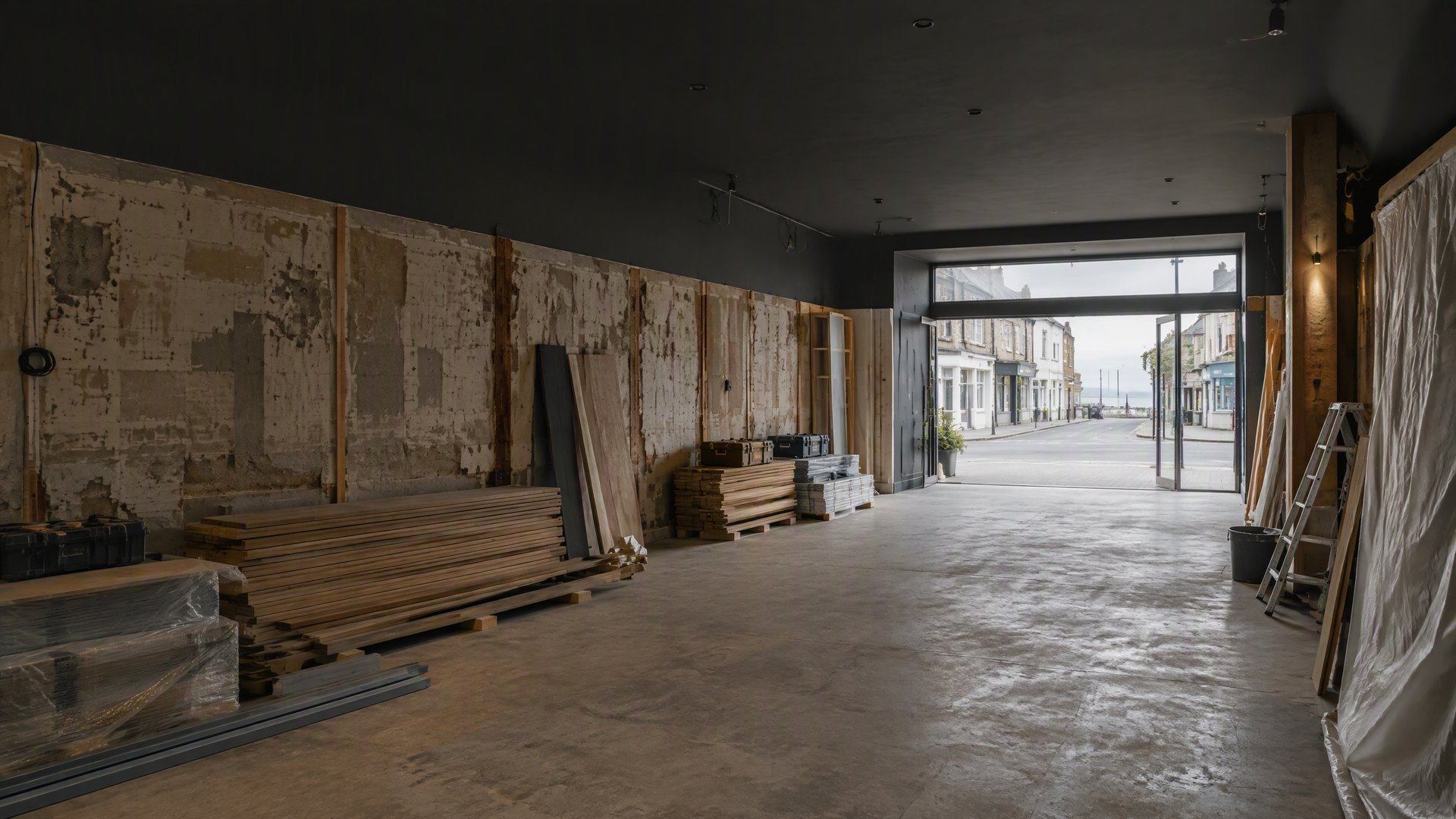 Illustrative vacant UK retail unit during the strip-out stage with exposed walls, stacked timber and an open shopfront