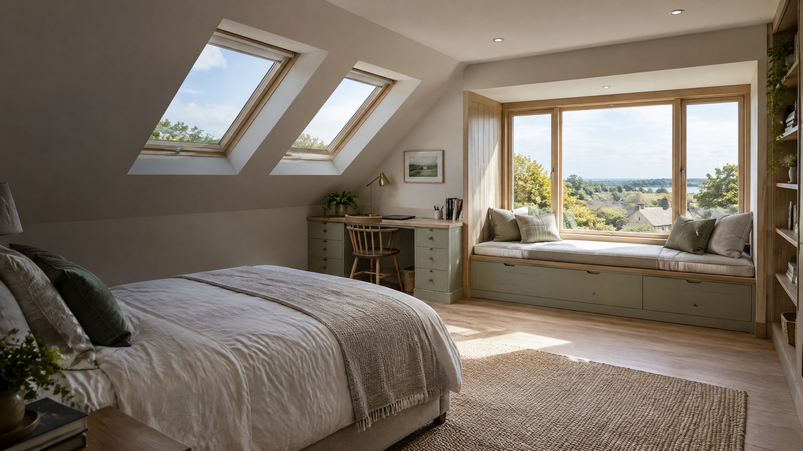 Finished Dorset loft conversion bedroom with two rooflight windows, a rear dormer window seat and built-in storage